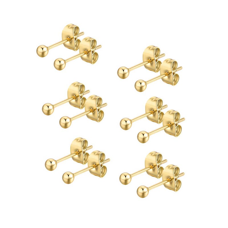 FOSIR 6 Pair Tiny Women 14K Gold Plated Ball Stud Earrings Surgical Stainless Steel Earrings Set (3mm, Gold) - Image 1
